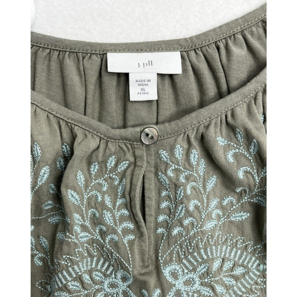 J Jill Embroidered Tunic Top Size XL Petite Cotton Blend Blouse Sage Green Boho - Picture 7 of 9